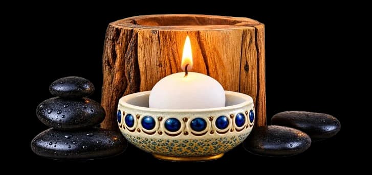 Spa stones and candle — decorative healing elements