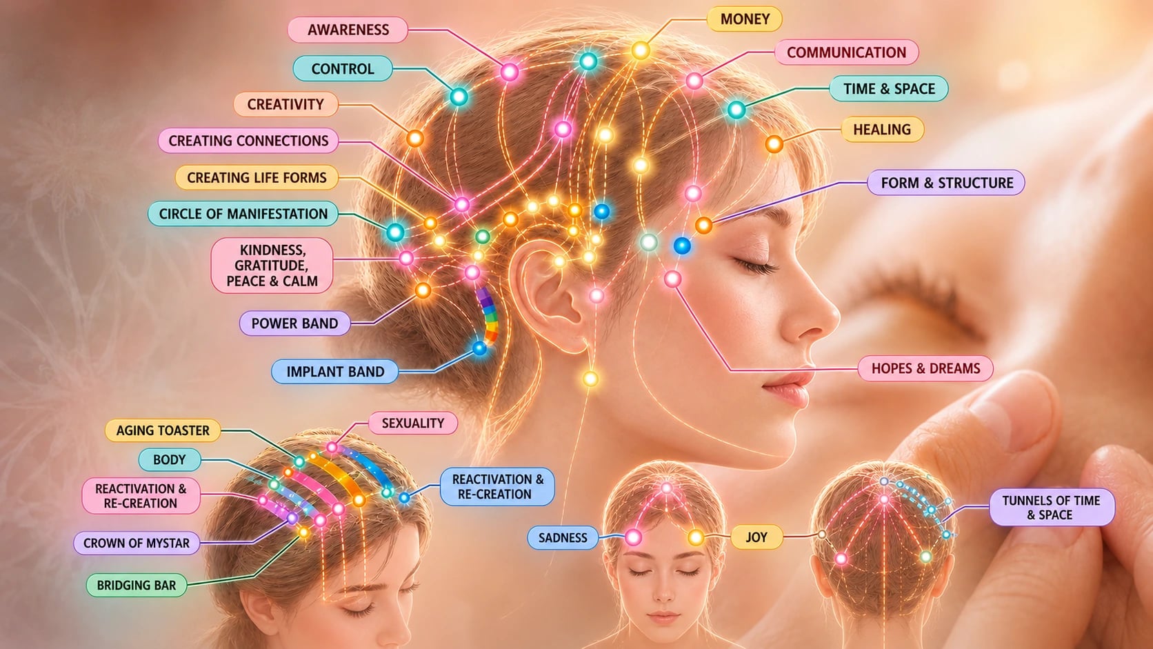 Woman receiving Access Bars energy healing — gentle touch on 32 head points